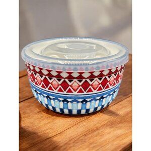 Signature Housewares Stoneware Ceramic Aztec Design Storage Bowl w/ Lid Microwav